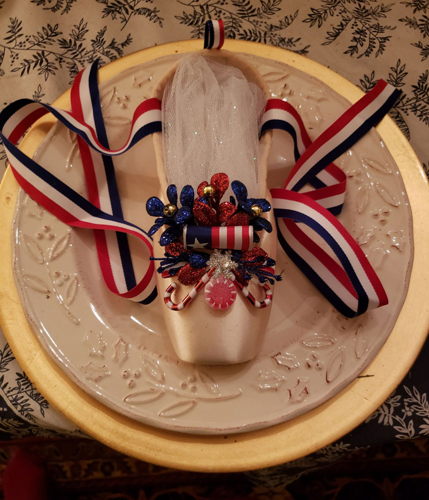 Patriotic Pointe shoe decorated for annual SCB Nutcracker sale. God Bless America!